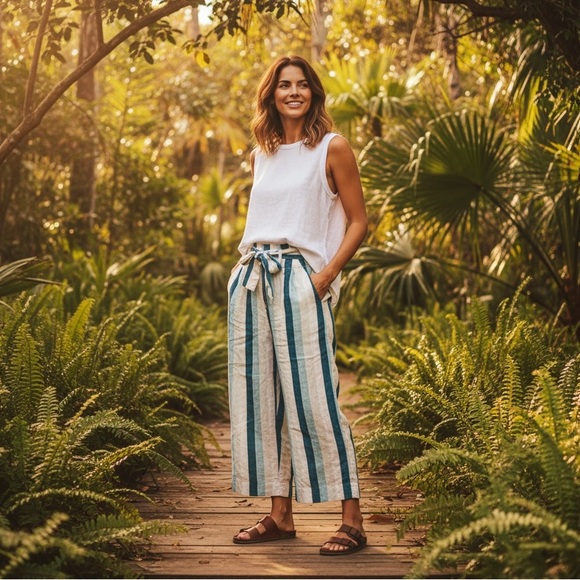 J. Crew Pants - J. CREW Paper-bag linen pant in cabana stripe Turquoise Jade White Womens Size 8